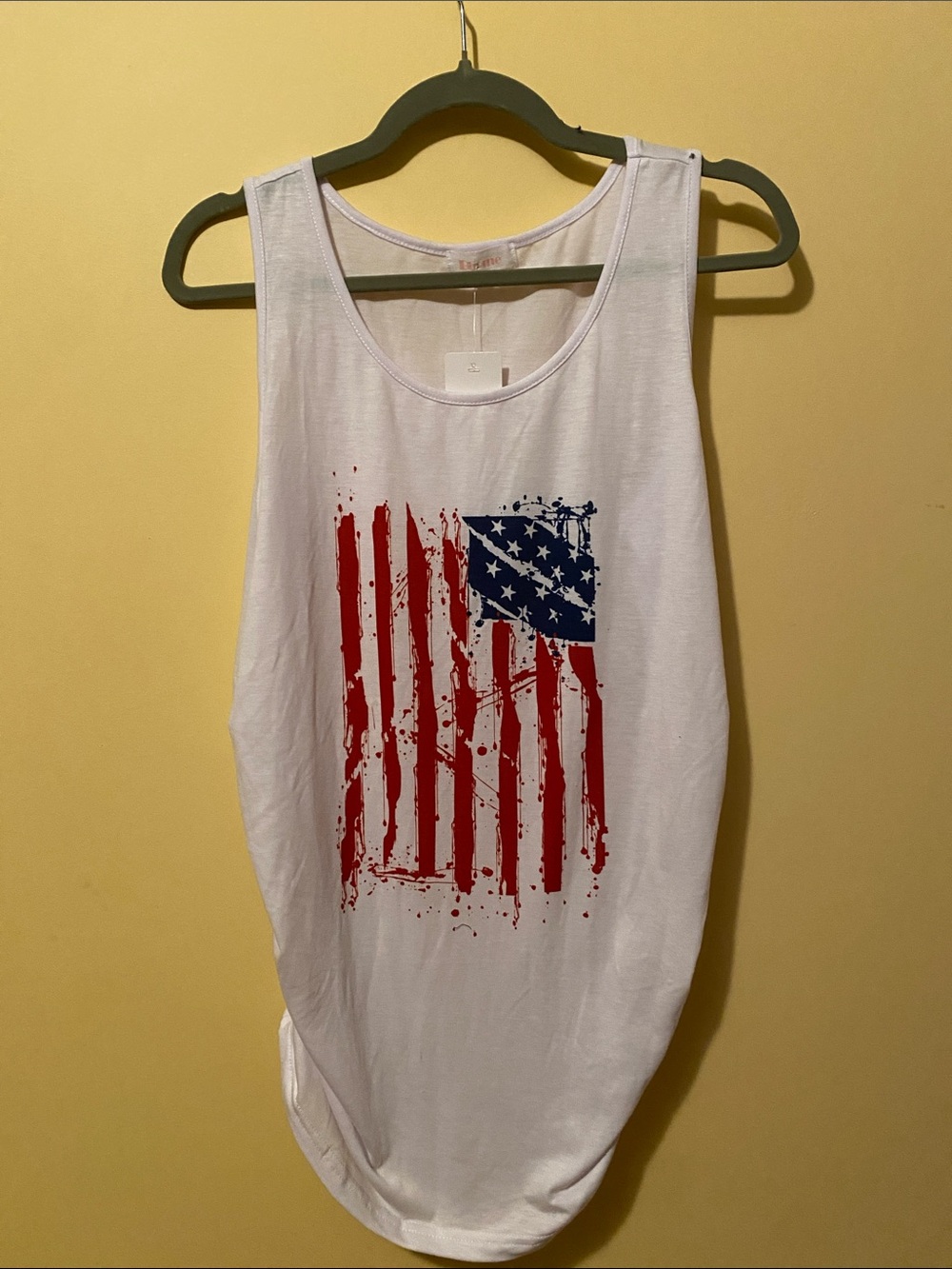 Women's White Tank Top with Distressed American Flag Graphic ruched sides L NWT